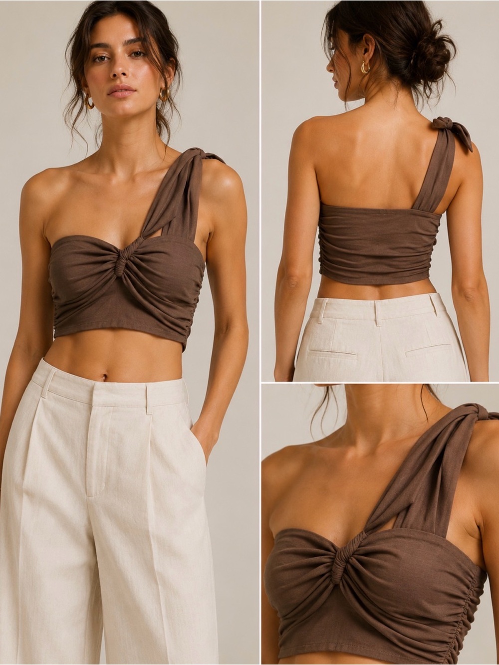 Zara One-Shoulder Linen Blend Ruched Crop Top in Brown